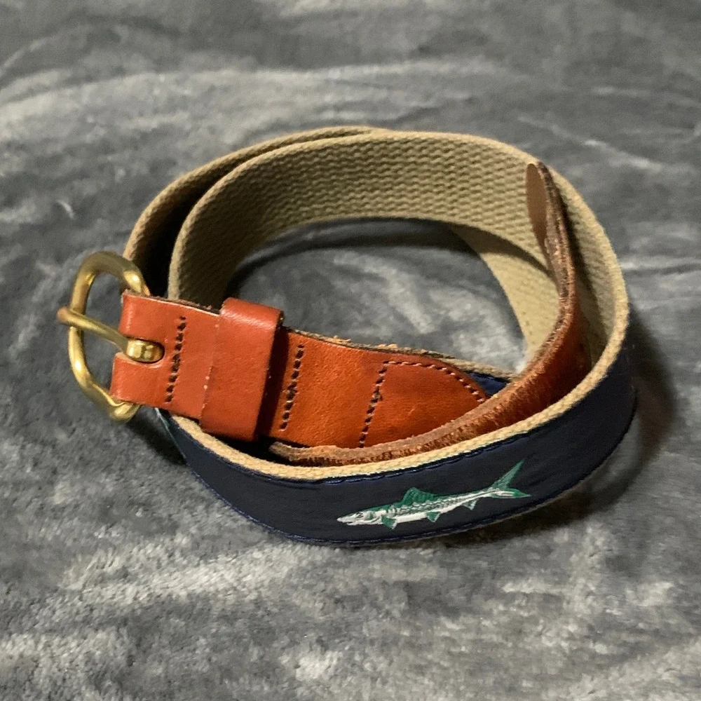 World Wide Sportsman Belt Mens 34 Ribbon Navy Blue Bonefish Leather Man Ltd EUC